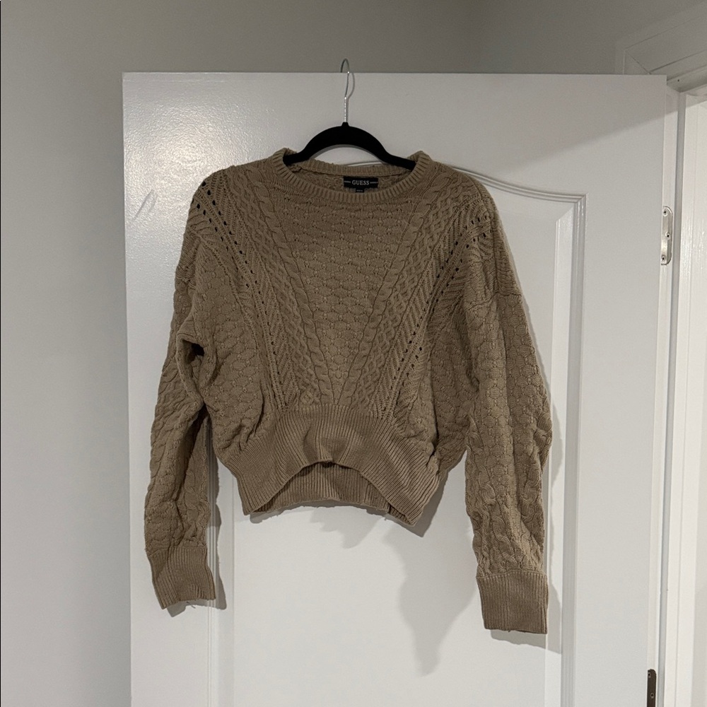 Guess Taupe Cable Knit Cropped Crewneck Sweater